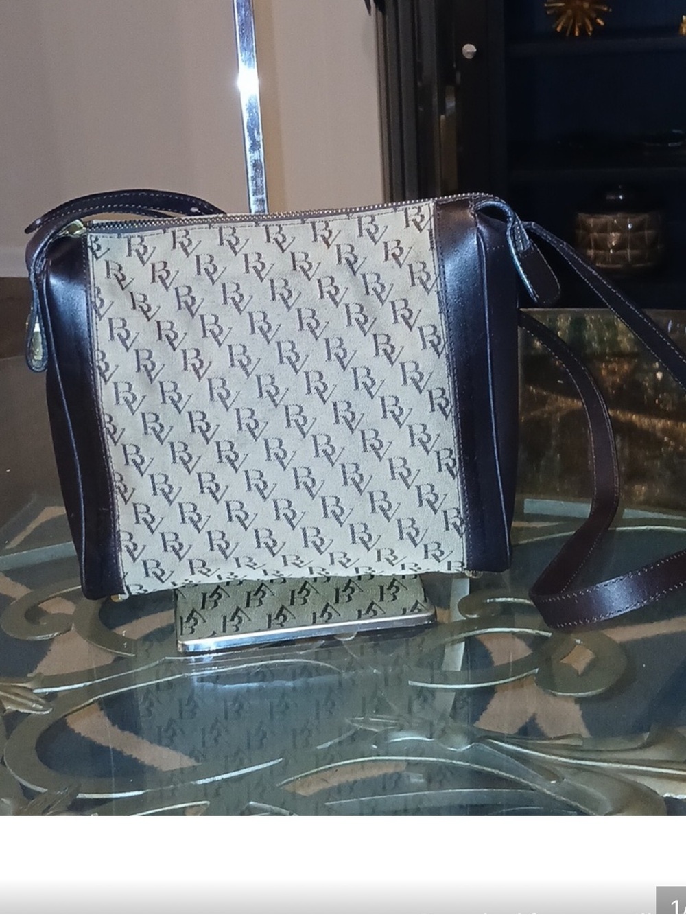 Bottega Veneta Beige Monogram Canvas Crossbody with Dark Brown Trim